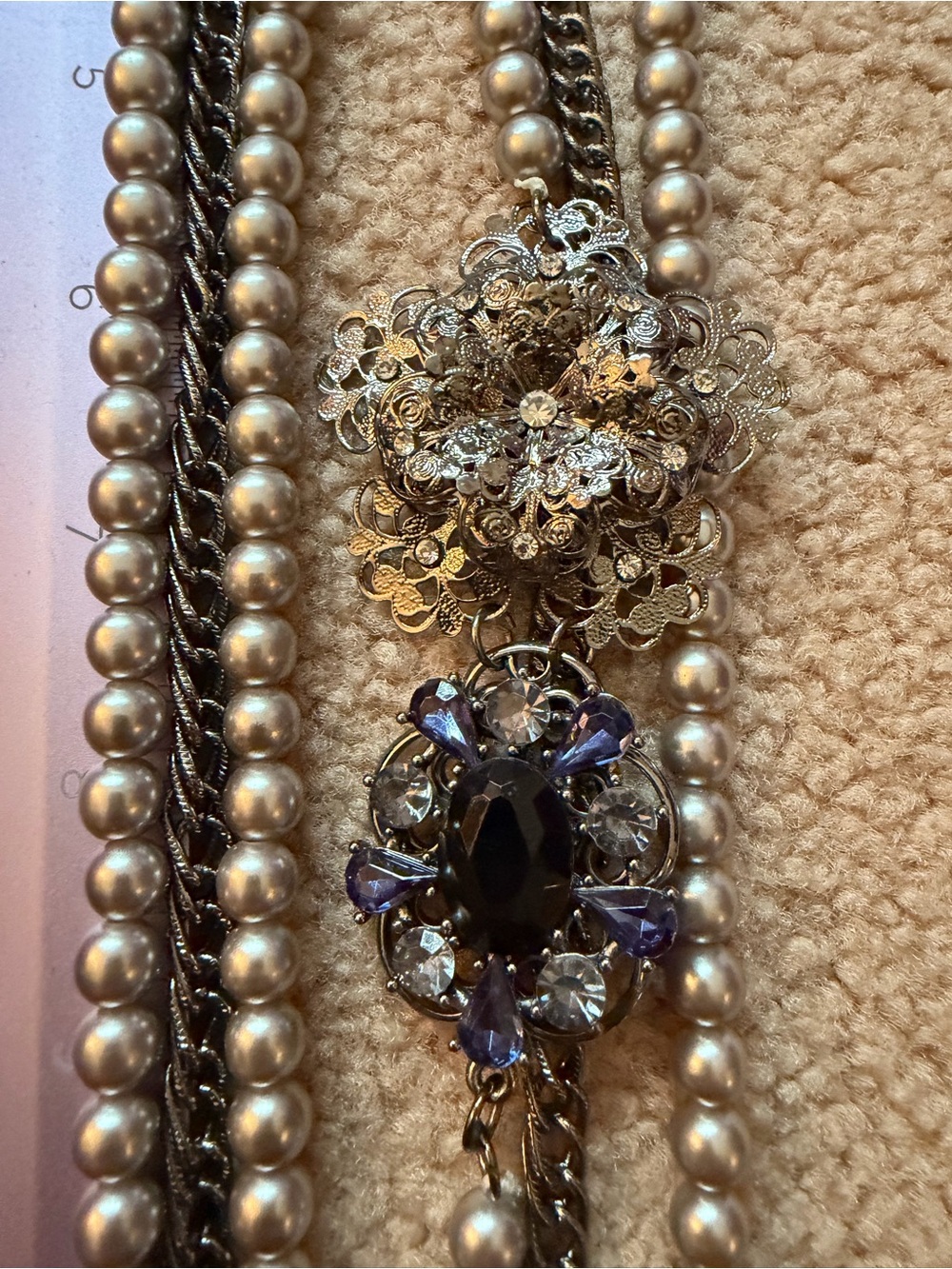 Macy’s Jet Blue Multi Strand Faux Pearl Chain Rhinestone Statement Necklace NWT